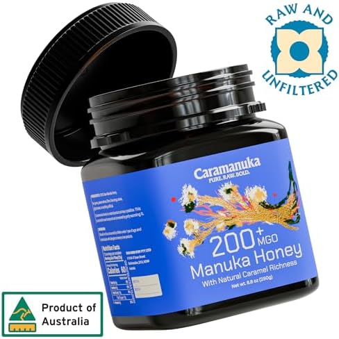 Caramanuka Manuka Honey MGO 200 – 100% Raw & Unfiltered Australian Honey, Independently Lab-Tested for MGO & Glyphosate, Bold Caramel-Like Flavor, 8.8 oz (250g)