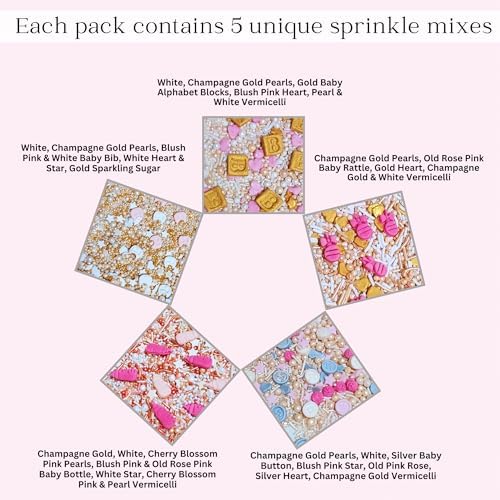Confect Girls Baby Shower Sprinkles | Mix Baby Bib, Baby Feed Bottle, Button, Heart & Star Sprinkles | Assorted Pack of 5 Edible Sprinkles | Vegan, Gluten-Free, Nut-Free, Soy-Free, Dairy-Free, Palm Oil-Free - 5 Oz