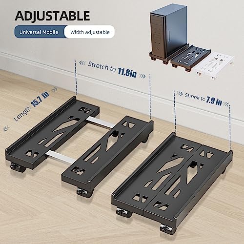 Adjustable Mobile CPU Stand, Ventilated Computer Tower Stand with 4 Caster Wheels Fits Most PC Tower, Under Desk CPU Holder PC Floor Cart Computer Riser for Students and Gamers (Black)