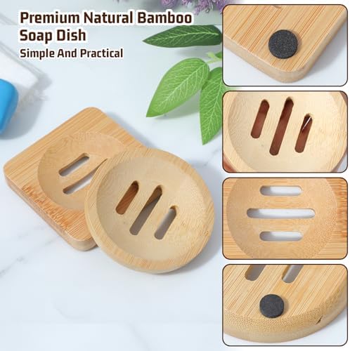 Ymapinc 2-Pack Natural Bamboo Soap Holder, Round+Square Bamboo Soap Dish & Shower Steamer Holder, Wood Tray for Home Shower Bathroom