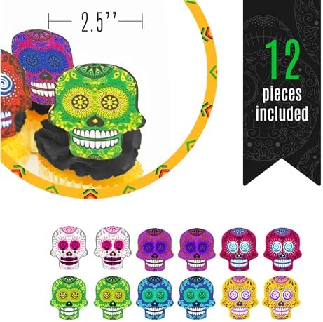 Large Edible Sugar Skulls Assorted Set of 12 - Wafer Cake & Cupcake Toppers - edible sugar skulls for cake decorating - Dia De Los Muertos & Halloween cupcake toppers