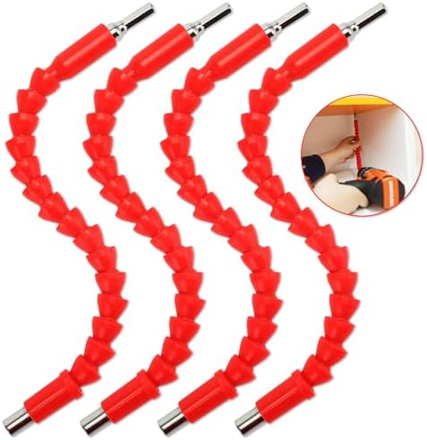 Inwell 4 Pack Flexible Drill Bit Extension, 11.6 inch Superbit Screwdriver Soft Shafts,360 Degrees Drill Extension Tools-Red