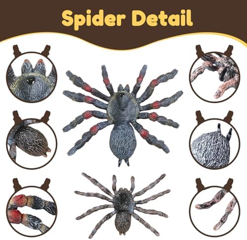 Realistic Fake Spiders, 2pcs Plastic Spider Toys Figures with Giant Whiteknee Tarantula, Educational Insect Animal Figures for Kids Toddlers, Halloween Decoration Prank Props