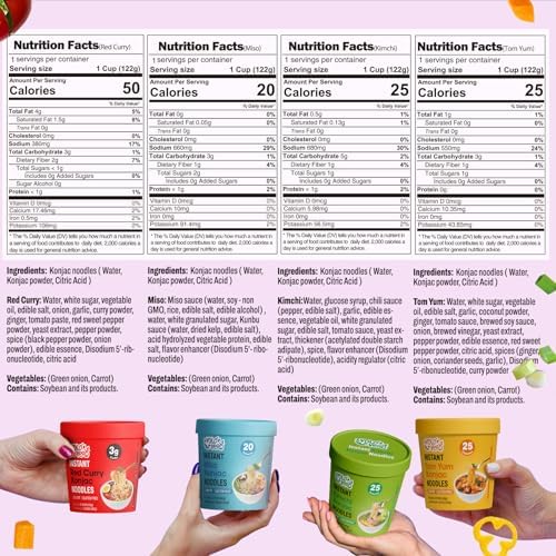 VOLO VERO Konjac Noodle Variety Pack - Tom Yum, Miso, "Spicy" Kimchi, Red Curry, 6 Packs, Gluten Free, Vegan, Low Carb Shirataki Noodles Angel Hair Instant Soup Cup, Quick Healthy Asian Meal