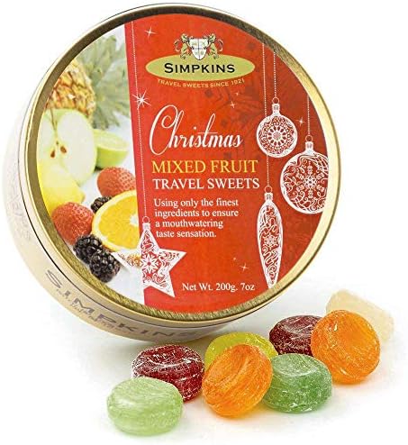Simpkins Christmas Travel Sweets Tin Mixed Fruits Drops 200g