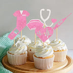 24Pcs Glitter Pink Nurse Doctor Cupcake Toppers Pink Electrocardiogram Cupcake Picks for Female Doctor's Nurse's Day Party Female Medical RN Graduation Nurse Retirement Party Decoraions