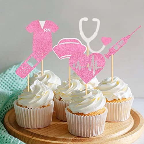 24Pcs Glitter Pink Nurse Doctor Cupcake Toppers Pink Electrocardiogram Cupcake Picks for Female Doctor's Nurse's Day Party Female Medical RN Graduation Nurse Retirement Party Decoraions