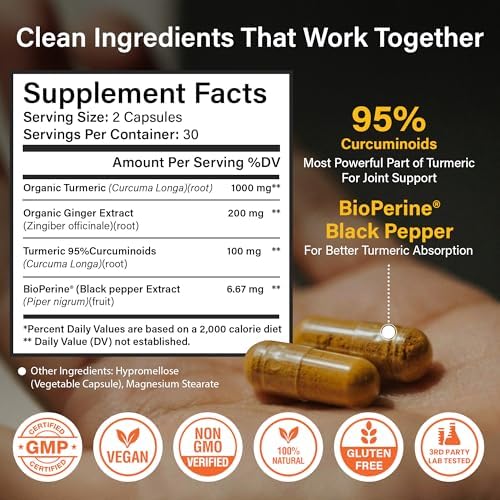 Sleeve Stars Turmeric Curcumin Supplement with Ginger & Black Pepper Bioperine, Joint Supplements for Men & Women, Joint Support & Inflammation Relief, Non-GMO Gluten-Free & Vegan, 1000mg 60 Cap
