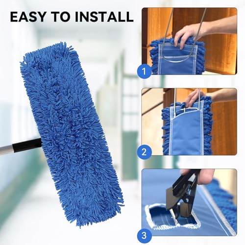 BeiLan 3 Pack 24 Inch Microfiber Dust Mop Head, Medium Washable Commercial Sweeper and Janitorial, Blue