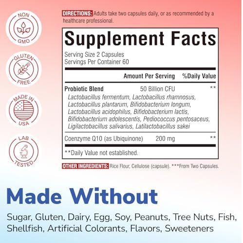 Vitalibre CoQ10 200 mg, with Probiotics for Women & Men, 50 Billion CFU, High Absorption Ubiquinone, Heart & Gut Energy Support, Powerful Antioxidant, Easy to Swallow, 120 Vegan Capsules
