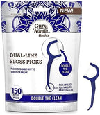 GuruNanda Dual Line Floss Picks (150 ct) & Interdental Picks (100 ct) - Double-Threaded Dyneema Floss with Angled Pick & Super Soft Rubber Bristles for Effective Plaque Removal