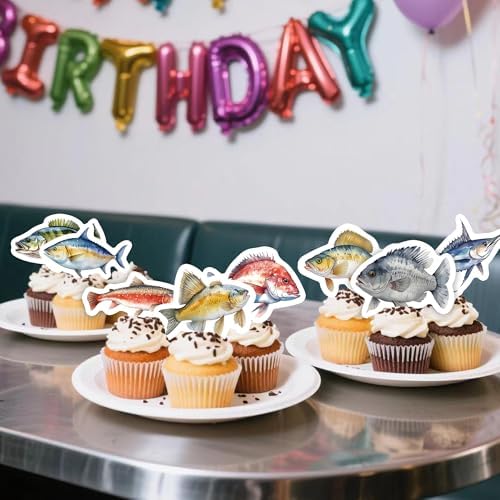 56PCS Edible Fishing Cupcake Toppers Fishing Party Decorations for Baby Shower Birthday Party Supplies Summer Outdoor Fishing Party Supplies