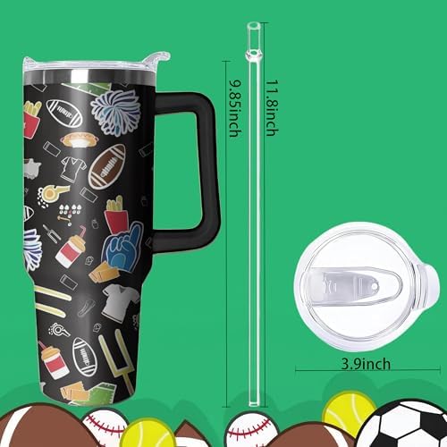 40oz Football Tumbler with Handle, Birthday Gift for Man, Sports Coach Insulated Stainless Steel Cup with Lid and Straws, Reusable Travel Coffee Mug Water Bottle