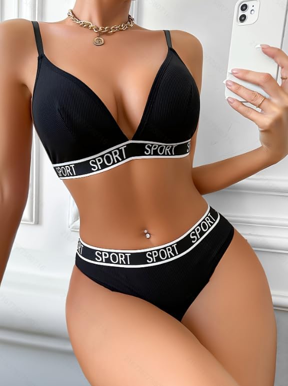 Women's Bra and Panty Set Wireless Ribbed Stretchy Breathable Bralette and Brief Matching Set Outfits