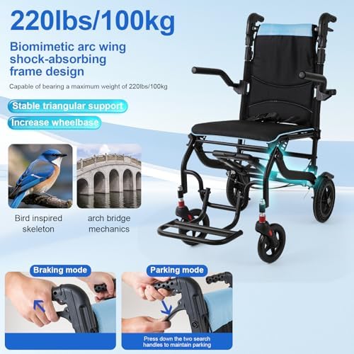Wheelchairs for Adults with Adjustable Height,Transport Chair Lightweight Foldable with Telescopic Handle,8 inch Honeycomb Rear Wheels Shock-Absorbing Foldable Footrest Armrests,Holds 220 LBS