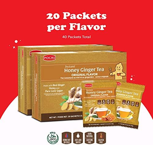 Pocas Honey Ginger Instant Tea Powder, Original & Ginseng Variety 2-Pack, Ginger Extract & Real Honey, Caffeine-Free Tea, 20 Packets per Box