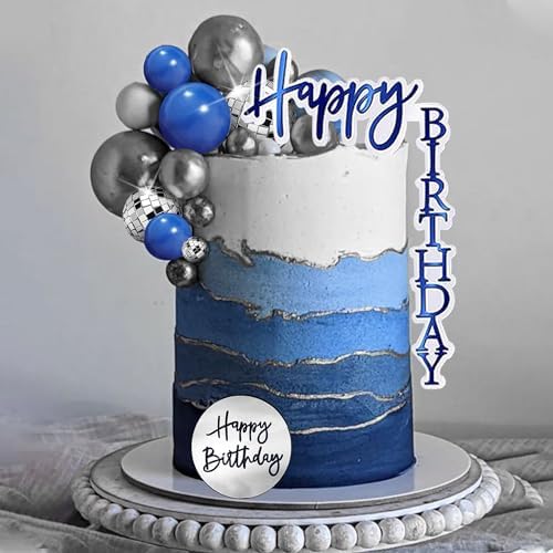 Man Cake Topper Blue Silver Disco Ball Boho Cake Topper Decorations for Navy Blue Boho Wedding Man Birthday (Blue 02)