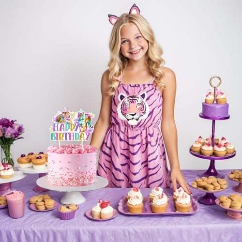 Tiger Happy Birthday Cake Topper Rainbow Tiger Cake Pick Realistic Jungle Animal Cake Decorations for Boys Girls Birthday Party Supplies
