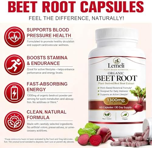 Beetroot 1300mg, Nitric Oxide Support Formula with Beet Root Extract, Vitamin C & Black Pepper, Plant-Based Daily Wellness Supplement, 60 Vegan Capsules