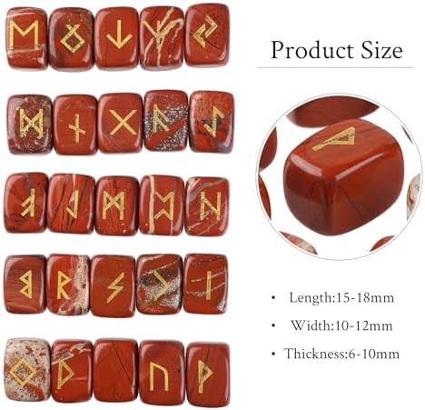 Pack of 25 Rune Stones Engraved Pagan Lettering, Irregular Tumbled Stone Set with Golden Elder Futhark Alphabet for Crystal Divination Wicca and Reiki Healing, Red Jasper