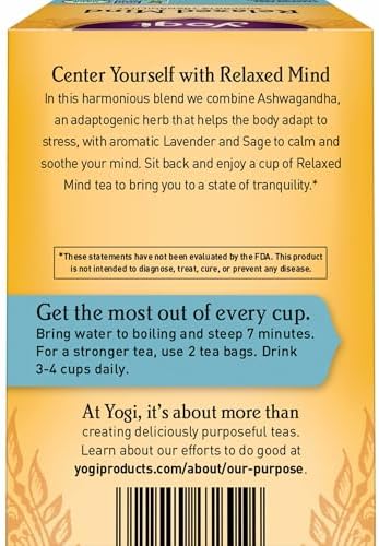 Yogi Tea Relaxed Mind Tea - 16 Bags per Pack (4 Packs) - Relaxing, Calming Organic Tea for Stress Support - Includes Ashwagandha Root, Sage Leaf, Lavender Flower, Peppermint Leaf & More