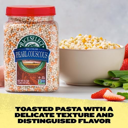 RiceSelect Tri-Color Pearl Couscous, Toasted Israeli-Style Pasta, Spinach and Paprika Flavored, 24.5 Ounce Jar (Pack of 1)
