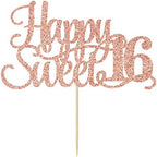 Rose Gold Glitter Happy Sweet 16 Cake Topper - Happy 16th Birthday Cake Decor - Hello 16, Cheers to 16 Years Birthday Party Decoration Supplies