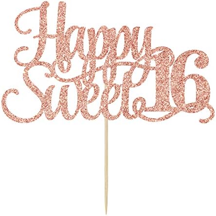 Rose Gold Glitter Happy Sweet 16 Cake Topper - Happy 16th Birthday Cake Decor - Hello 16, Cheers to 16 Years Birthday Party Decoration Supplies