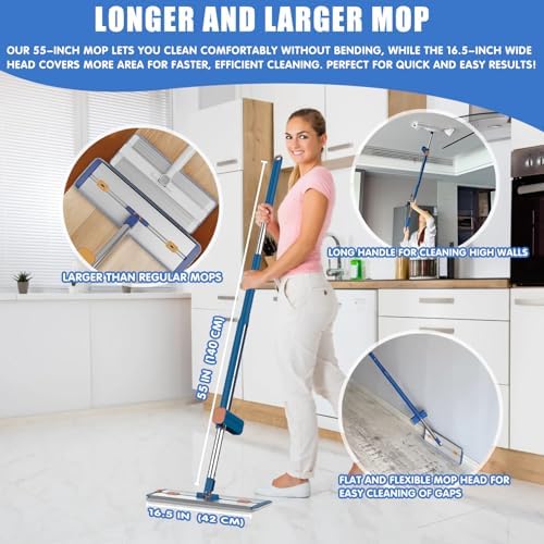 Self Wringing Microfiber Flat Mop and Bucket System with 16.5" Large Head and 55" Long Handle for Floor Wall Cleaning, 5 Microfiber Pads and Foldable Bucket, Wet and Dry