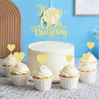 7PCS 60th Birthday Cake Topper Set - Gold Glitter Happy 60th Heart Cupcake Picks for 50th Birthday Party Decor for Men Women