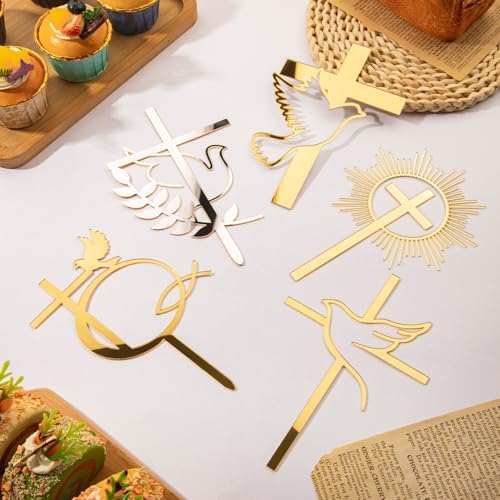 5 Pcs Gold Dove Cross Cake Toppers Acrylic Baptism First Communion Cake Decorations Supplies for Baby Shower Birthday Wedding Party Christian
