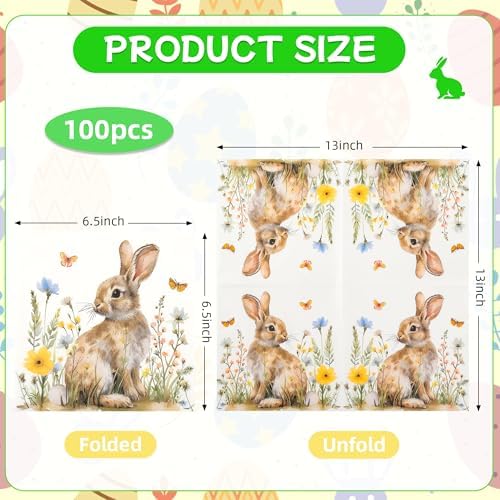 100Pcs Easter Bunny in Meadow Party Napkins Spring Floral Bunny Disposable Paper Napkin 6.5'' Flower Rabbit Beverage Napkins for Baby Shower Birthday Garden Tea Party Supplies