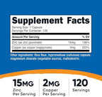 Nutricost Zinc + Copper Capsules (120 Servings)(15MG Zinc + 2MG Copper Per Serving) - Non GMO, Vegetarian