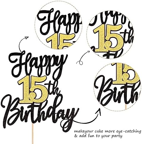 1 PCS Happy 15th Birthday Cake Topper Black Gold Glitter Cheers to 15 Years Birthday Cake Pick 15 Fabulous Cake Decoration for Happy 15th Birthday Anniversary Party Cake Decorations Supplies