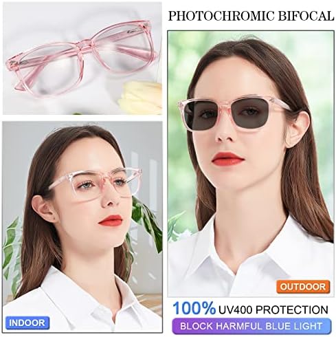 MARE AZZURO Photochromic Glasses Women Blue Light Blocking Square Sunglasses (Pink, 0.00)