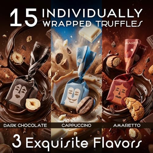 TartufLanghe Trifulot 15 Assorted Chocolate Truffles in Metal Gift Box - Italian Dark Chocolate Truffles with Piedmont Hazelnuts, White Cappuccino, and Creamy Milk Amaretto with Almonds - 3.80 oz