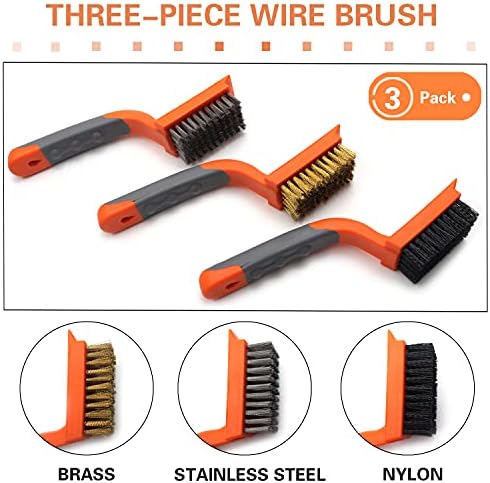 MAXMAN Wire Brush 3Pcs Brass/Stainless Steel/Nylon Wire Brushes for Cleaning Rust Bristle Brush Set with Rubber Curved Handle Grip Used for Dirt, Paint Remover (Orange+ Gray)