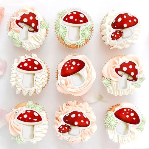 40Pcs Edible Red Mushroom Cupcake Toppers Cute Mushroom Cupcake Picks Mushrooms Drink Topper for Plant Theme Baby Shower Kids Boy Girl Birthday Cupcake Decorations Spring Fairy Party Decorations