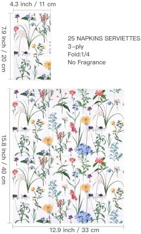 WRAPAHOLIC 25Pcs Wildflower Floral Paper Napkins - 3-Ply Guest Disposable Hand Towels for Bathroom, Bridal Shower, Wedding, Birthday, Tea Party - 4.3 x 7.9 In