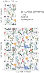 WRAPAHOLIC 25Pcs Wildflower Floral Paper Napkins - 3-Ply Guest Disposable Hand Towels for Bathroom, Bridal Shower, Wedding, Birthday, Tea Party - 4.3 x 7.9 In