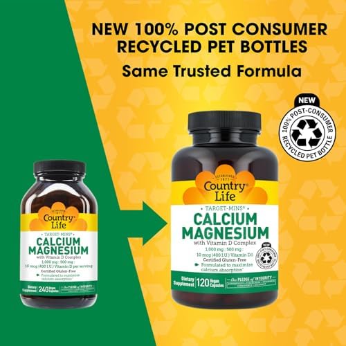 Country Life Target-Mins Calcium Magnesium with Vitamin D-Complex, 1000mg/500mg/10mcg, 240 Vegan Capsules, Certified Gluten Free, Certified Vegan
