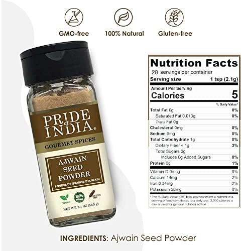 Pride of India Ajwain Seed Powder 2.1 oz | Carom Seeds Powder in Dual Sifter Jar for Cooking, Seasoning & Spice Blends | Aromatic Indian Spice for Curry, Biryani, Lentil Soup, Flatbread & Marinades