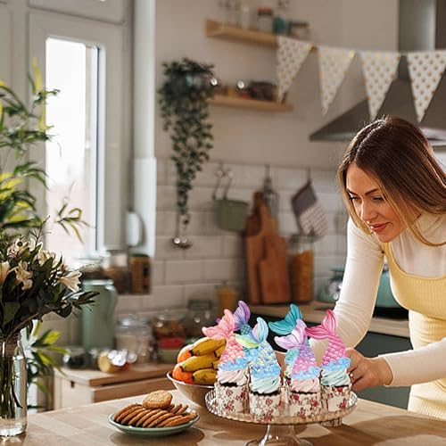 48Pcs Edible Mermaid Tail Cupcake Toppers Wafer Paper Mermaid theme Birthday Party Baby Showers Party Decoration