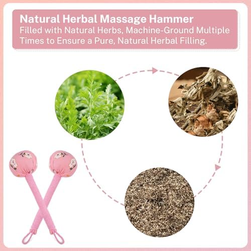 lefeke Manual Massage Hammer, Mugwort Massage Hammer, Handheld Body Percussion Tool for Back Neck Shoulder Leg Muscle Relief 26cm-Pink