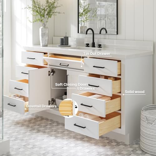 ARIEL Hepburn 66-inch Bathroom Vanity with Sink,Solid Wood, 1.5-inch Pure White Quartz Countertop & Backsplash, Single Rectangular Porcelain Sink, 2 Soft Closing Doors, 9 Dovetail Drawers, White