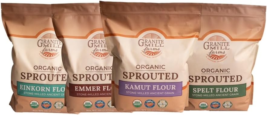 Sprouted Organic Ancient Grain Flour Collection by Granite Mill Farms, (Einkorn, Emmer, Spelt, & Kamut stone-milled flours), 5 lb. 4-pack