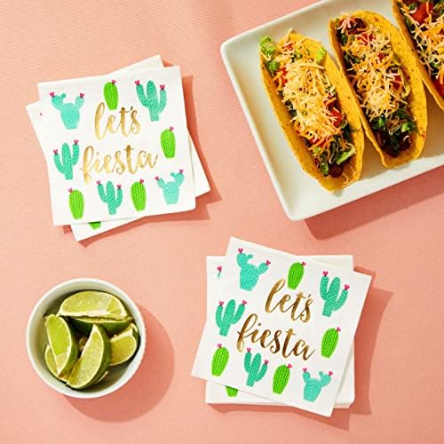 Juvale Fiesta Cocktail Napkins - 5 x 5 In, 3-Ply Paper, Gold Foil, 50 Count, Let's Fiesta Style - Cactus & Taco Party - Tequila & Mexican Theme Napkins