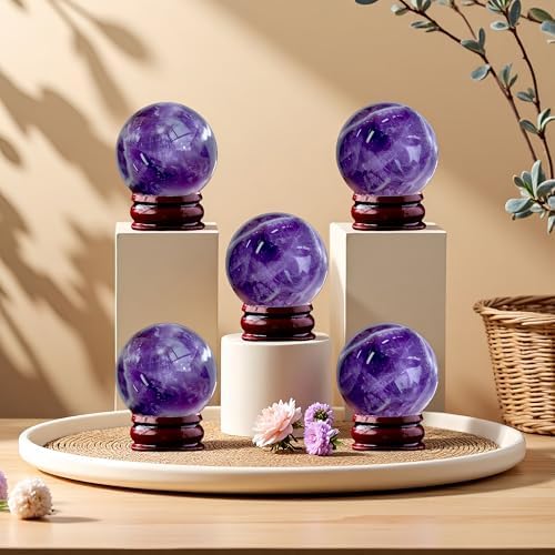 Natural Amethyst Ball 5PC Real Crystal Ball Crystal Decor Sphere for Healing Amethyst Ball Crystal Ball with Stand Real Crystal Sphere for Decor and Divination