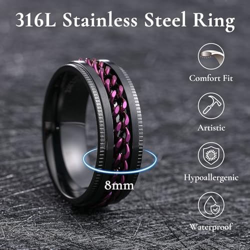 King Will 316L Stainless Steel Fidget Ring for Men Women-8mm Width with Stylish Chain Inlay Spinner Ring Stress Relief, Durable Wedding Band Comfort Fit Size 4-16
