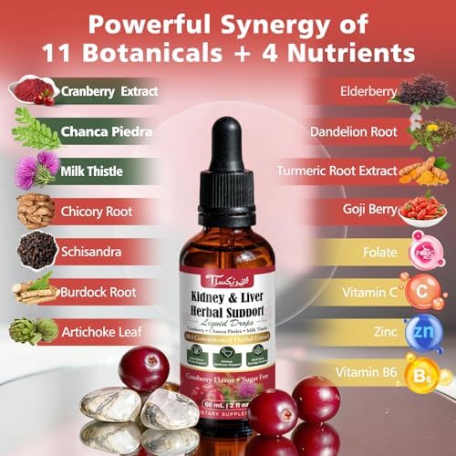 Kidney Cleanse & Liver Support Liquid Drops with Cranberry 20:1, Chanca Piedra & Milk Thistle, Herbal Supplement for Urinary Tract Support, Vegan, Sugar Free, 60 mL